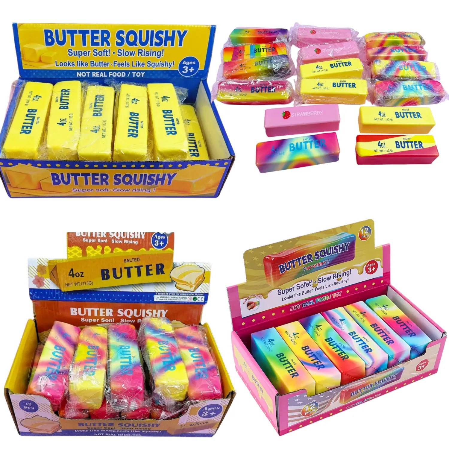 Jouet antistress souple à la forme de beurre à la fraise, à montée lente, en forme d’anneau, emballé pour une présentation en vente au détail, aux couleurs vives et à l’arc-en-ciel, ainsi qu’aux teintes unies.