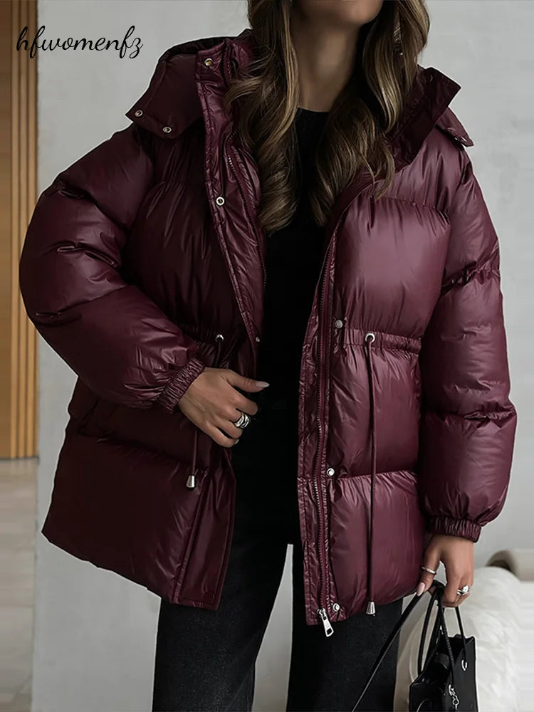 Women's Hooded Winter Jacket Drawstring Waist Cinched Long Sleeve Zip Up Solid Warm Padded Coat 2026 Fashion Lady Thick Parkas