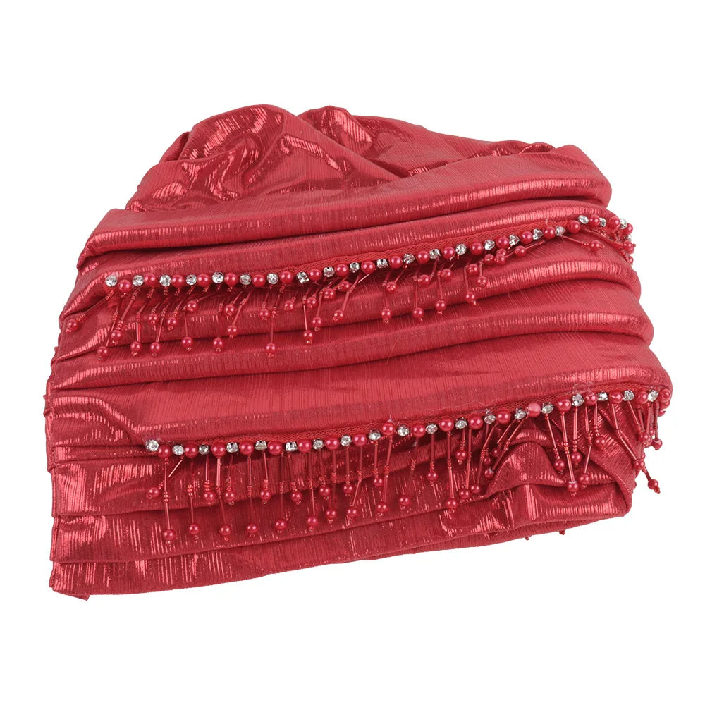 Fashion Turban Cap for Women African Lady Head Wraps with Beading Tassels Nigeria Weding Party Hat Headwear