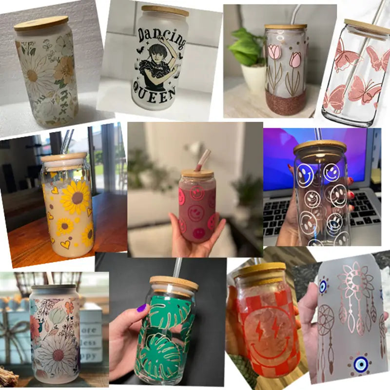 Service à boisson réutilisable en verre transparent de 16 oz, avec couvercles en bois et étiquette autocollante d’enveloppement pour gobelet UV DTF de la Saint-Valentin colorée, comprenant des motifs de fleurs, de visages souriants et de personnages de dessin animé.