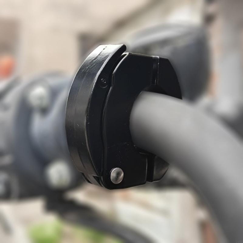 Black metal aluminum bike handlebar bag hook with a sleek curved design and visible screw fastening for scooters.