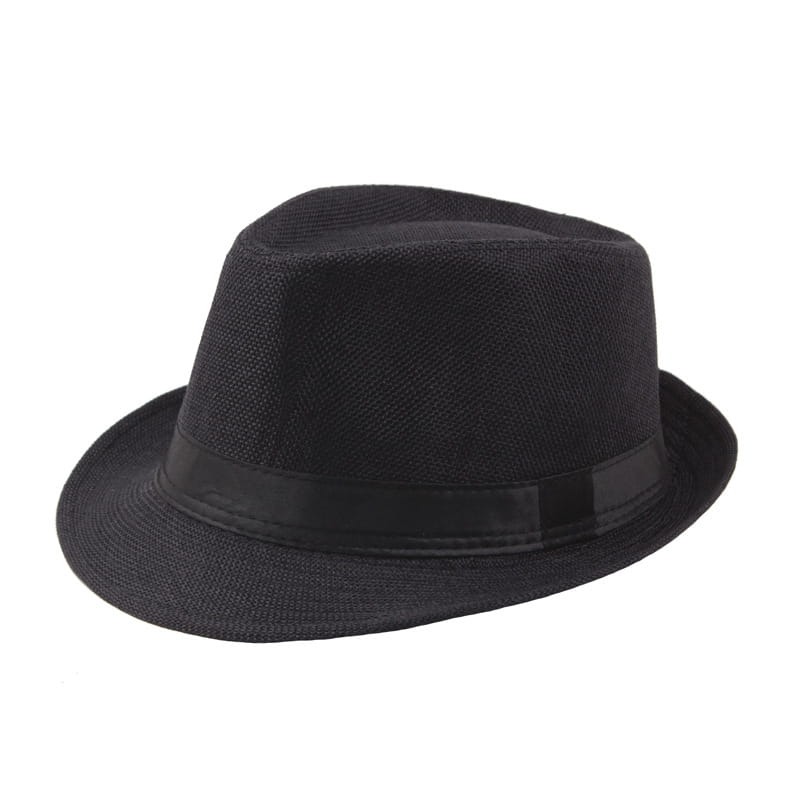 schwarzer Fedora-Hut mit gewebter Textur und glänzendem schwarzem Ripsband, entworfen als unisex Stroh-Fedora-Sonnenhut für Sommer-Strandbekleidung.