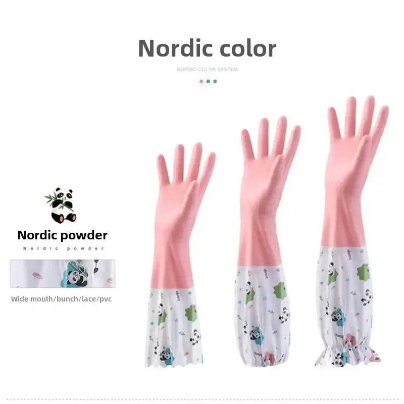 waterproof kitchen gloves for cleaning in pink and white pvc with a panda theme and lace-like pattern on the lower portion shown from the back side.