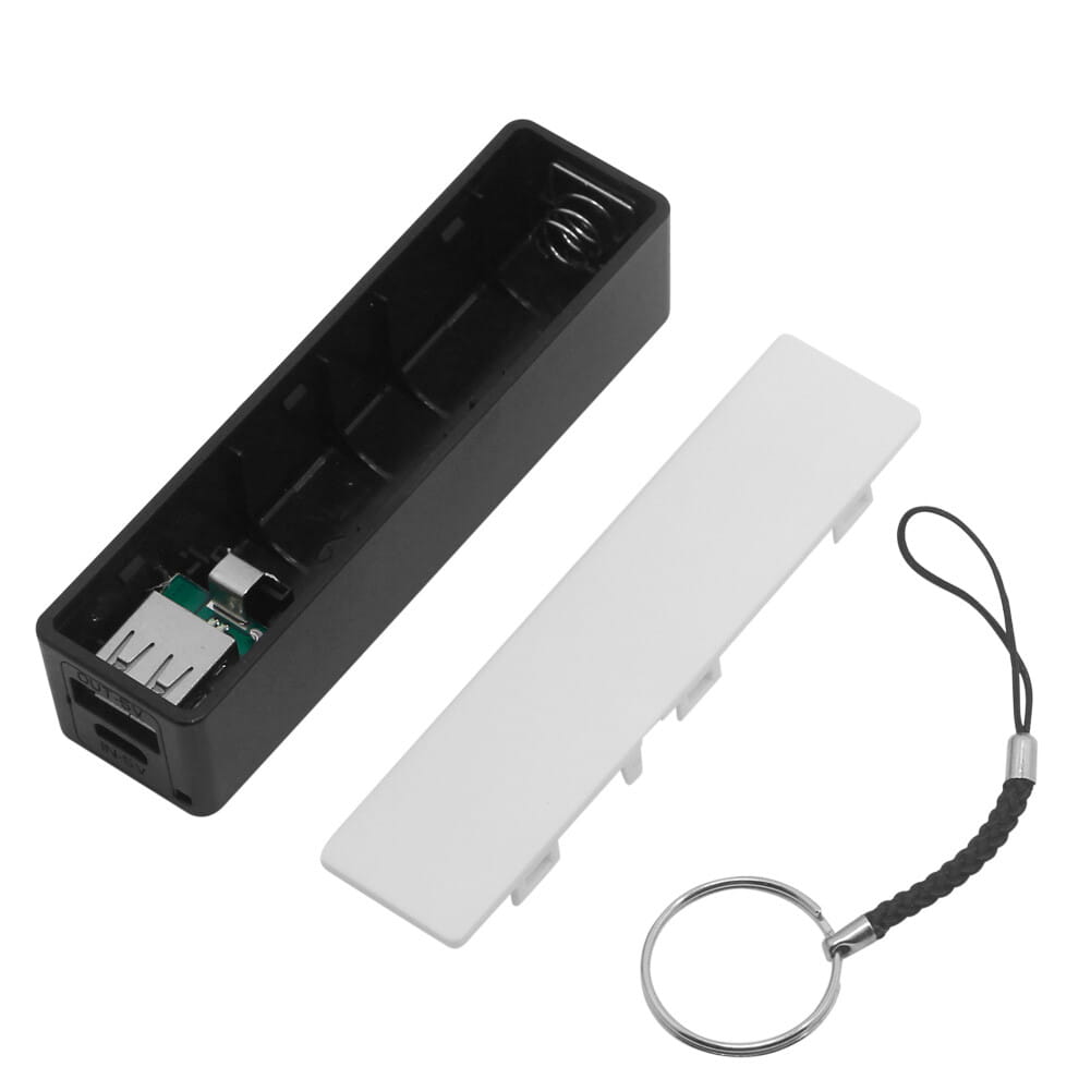 Black plastic portable power bank for 18650 battery with micro usb ports and keychain attachment for convenient portable power.