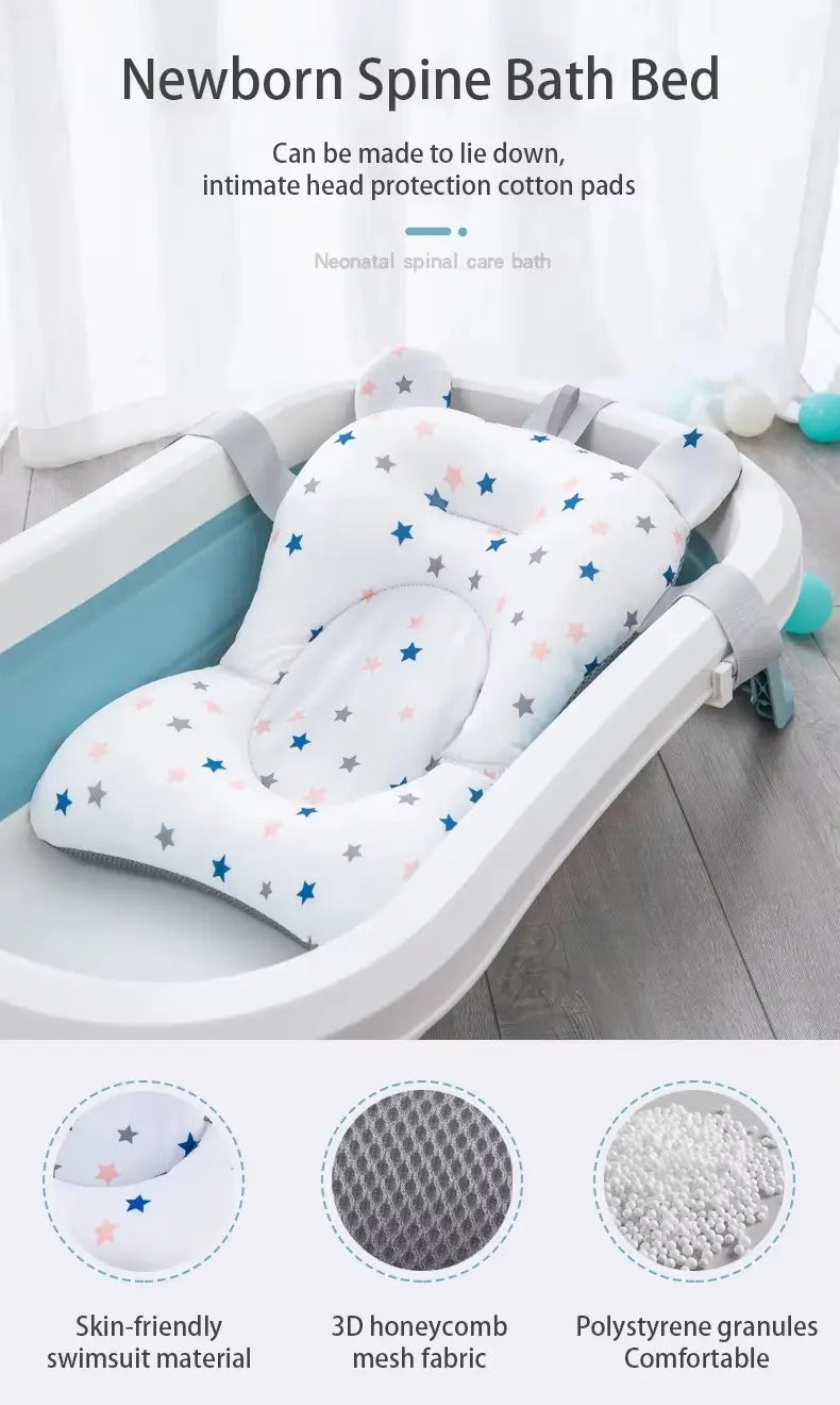 baby bath seat floating newborn tub support cushion featuring a white star-patterned design with soft skin-friendly swimsuit material and 3d honeycomb mesh fabric