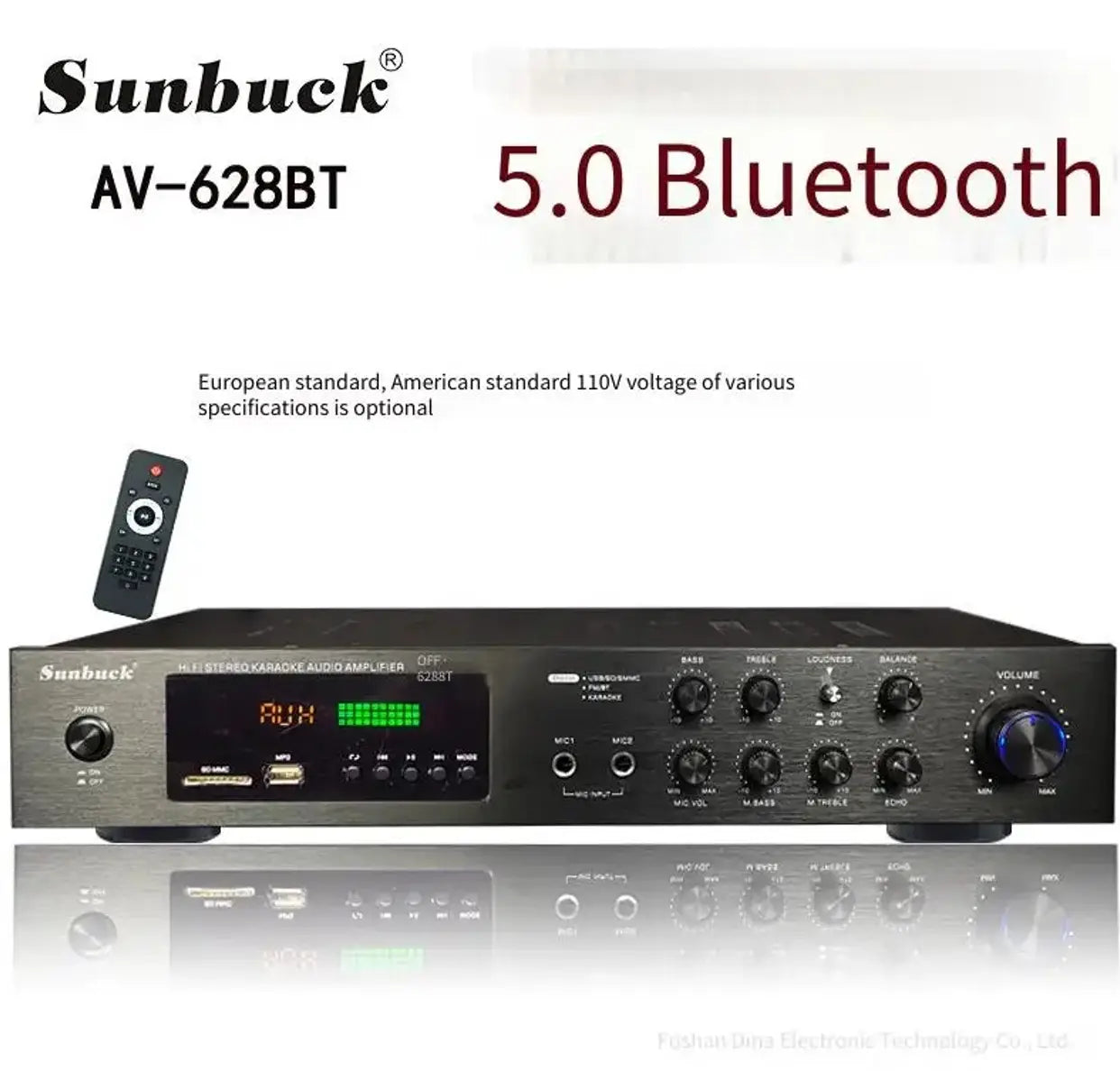 Black sunbuck av-628bt 5.0 bluetooth stereo audio amplifier with brushed metal finish green digital display multiple input output ports and control knobs for high power karaoke use