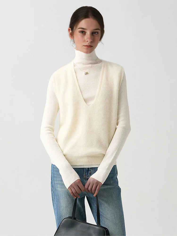 Women Fleece Wool Sweater Vest,Autumn Winter V-neck 4%Cashmere 91%Wool Blend, Knitted Pullover Tops