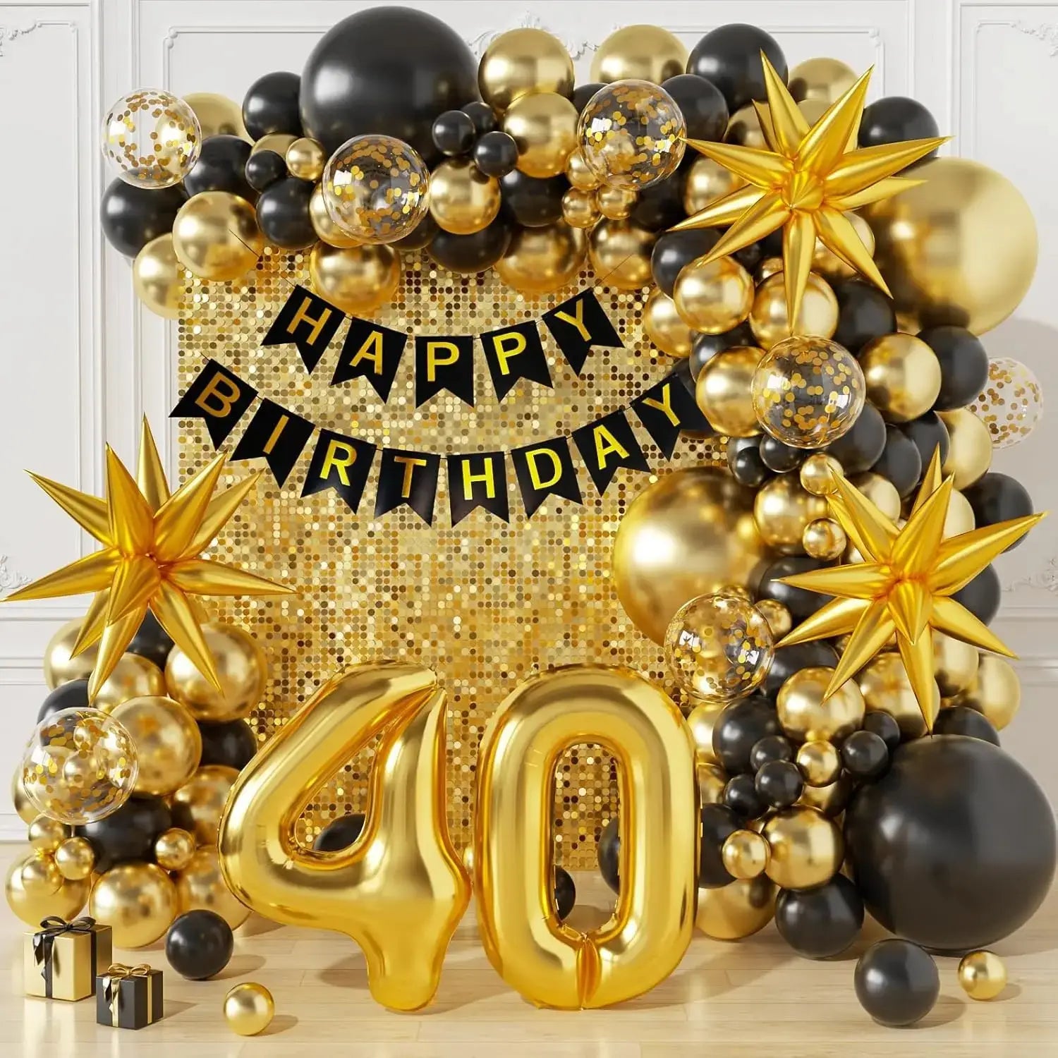 Kit de arco de globos de cumpleaños en negro y oro con un arco de globos brillante en dorado y negro con esferas rellenas de confeti, decoraciones de estrellas metálicas y un letrero de feliz cumpleaños número 40.
