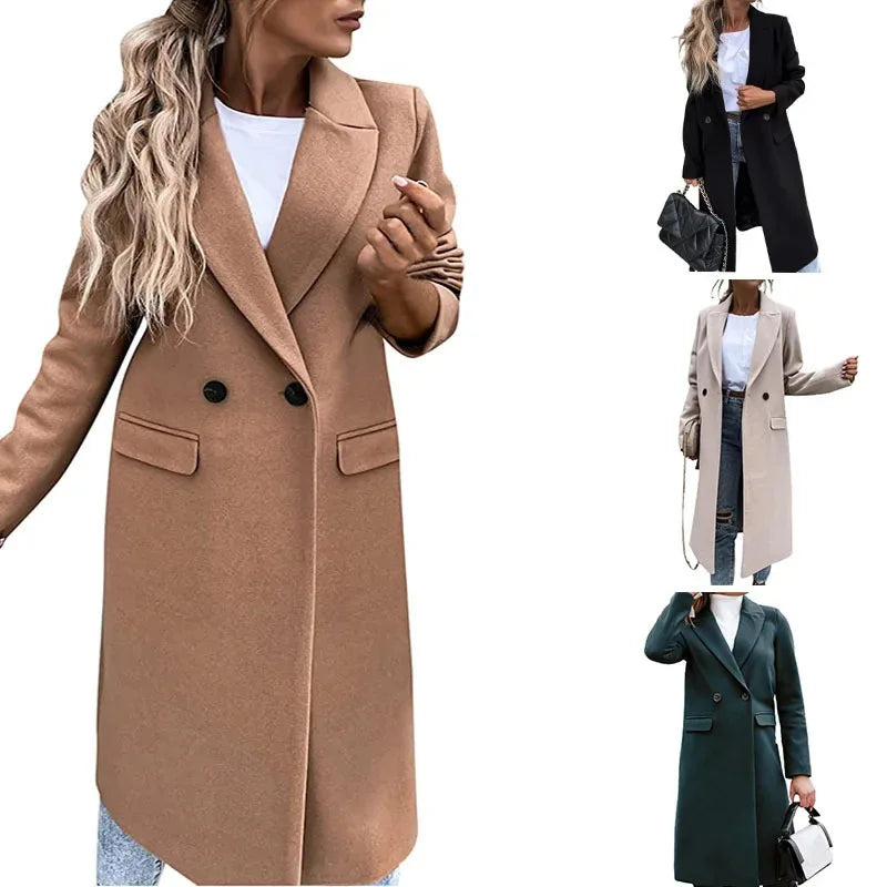 Women Woolen Coat 2026 Autumn Winter Thickened Single-Breasted Solid Color Fitted Long Windbreaker Woolen Coat Women's Clothing