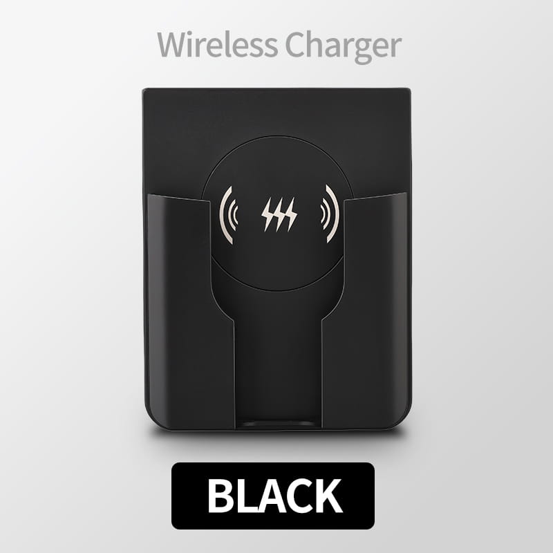 Schwarzes 15-W-Einbau-Wireless-Ladegerät für iPhone und Android mit elegantem minimalistischem Design, integriertem Telefonschacht sowie zentraler Ladefläche, die mit weißen Blitzsymbolen gekennzeichnet ist