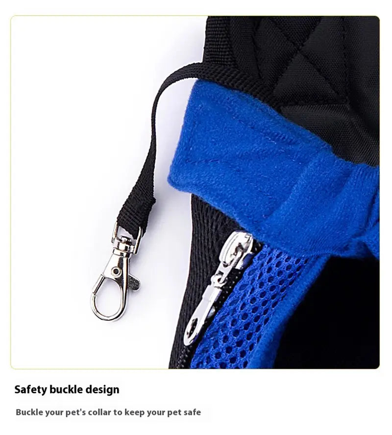 chal acolchado para mascotas negro y azul con paneles de malla y hebilla de seguridad para una sujeción firme del collar, diseñado para su uso con una mochila transportadora para perro con bolsa de malla frontal para mascotas pequeñas