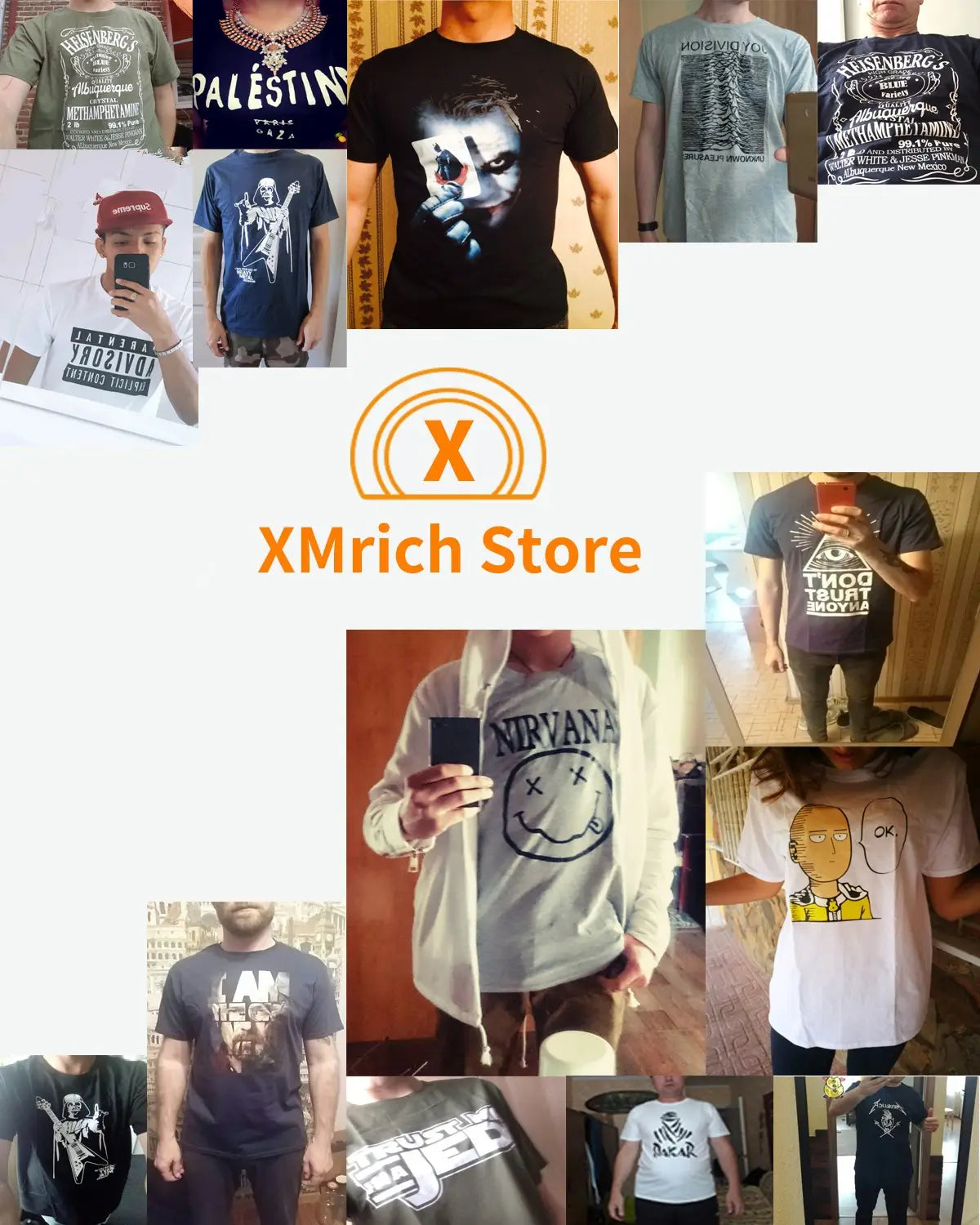 Ein Collage aus Steel Haze Wolf Graphic Herren-Baumwollt-Shirts und -Hoodies in verschiedenen Farben mit Band-Logos, einschließlich des Filmcharakters Joker aus „Batman“, sowie textbasierten Drucken, darunter „Palestine“ und „I am not a terrorist“.