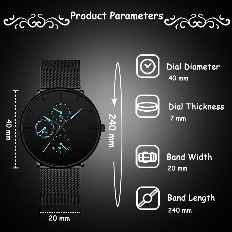 Montre à quartz à maille noire ultrafine pour hommes, au design minimaliste élégant, avec trois sous-cadrans comportant des aiguilles bleu lumineux.
