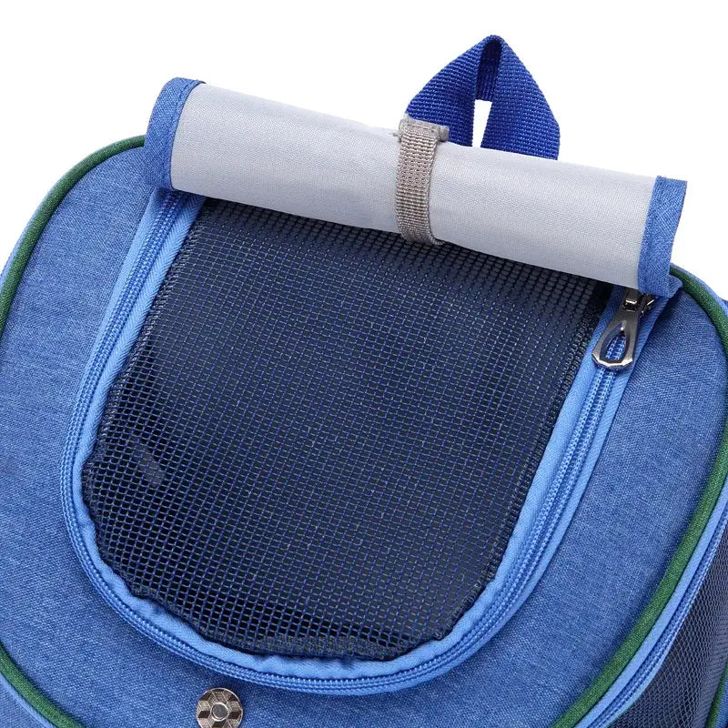Mochila de viaje para mascotas de tela Oxford azul, con cierre con cremallera de ventana de malla y asa enrollada, diseñada para caminatas y para uso de suministros para mascotas.