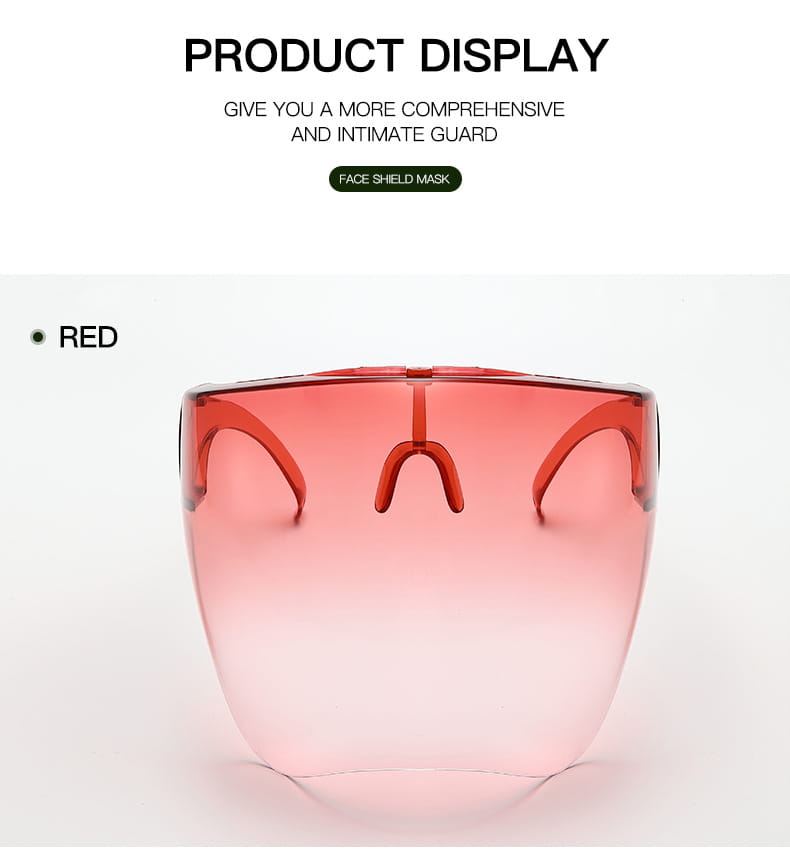 A translucent red full face safety glasses protective face shield mask with a sleek curved design and integrated ear loops providing durable protection glasses features.
