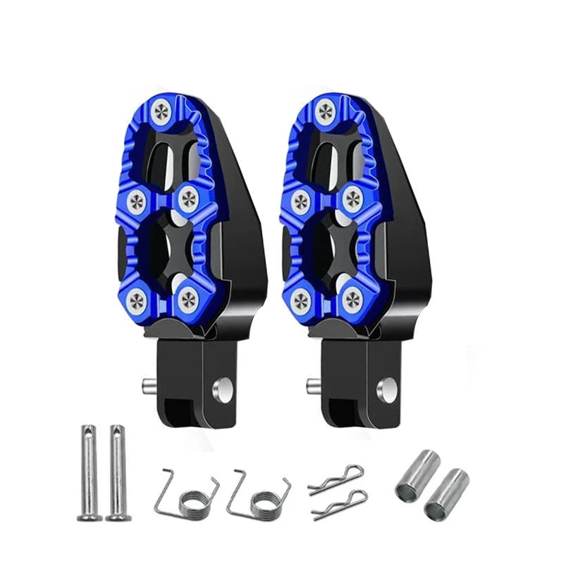 blue and black cnc aluminum motorcycle foot pegs rear anti slip pedals featuring a textured star-shaped pattern on the blue sections visible from the back side