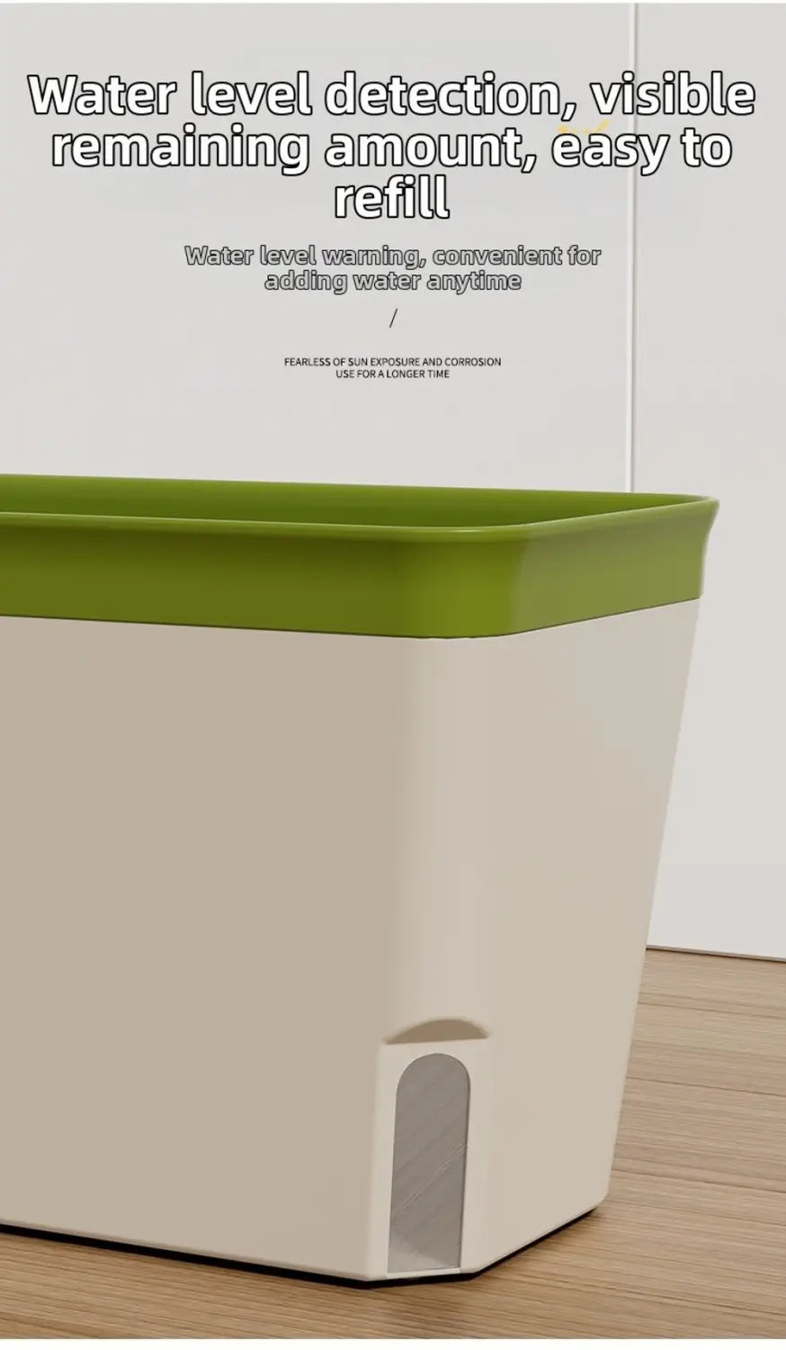 Une jardinière d’arrosage en plastique moderne à deux tons pour plantes d’intérieur, avec un corps beige, une bordure verte et une fenêtre de niveau d’eau