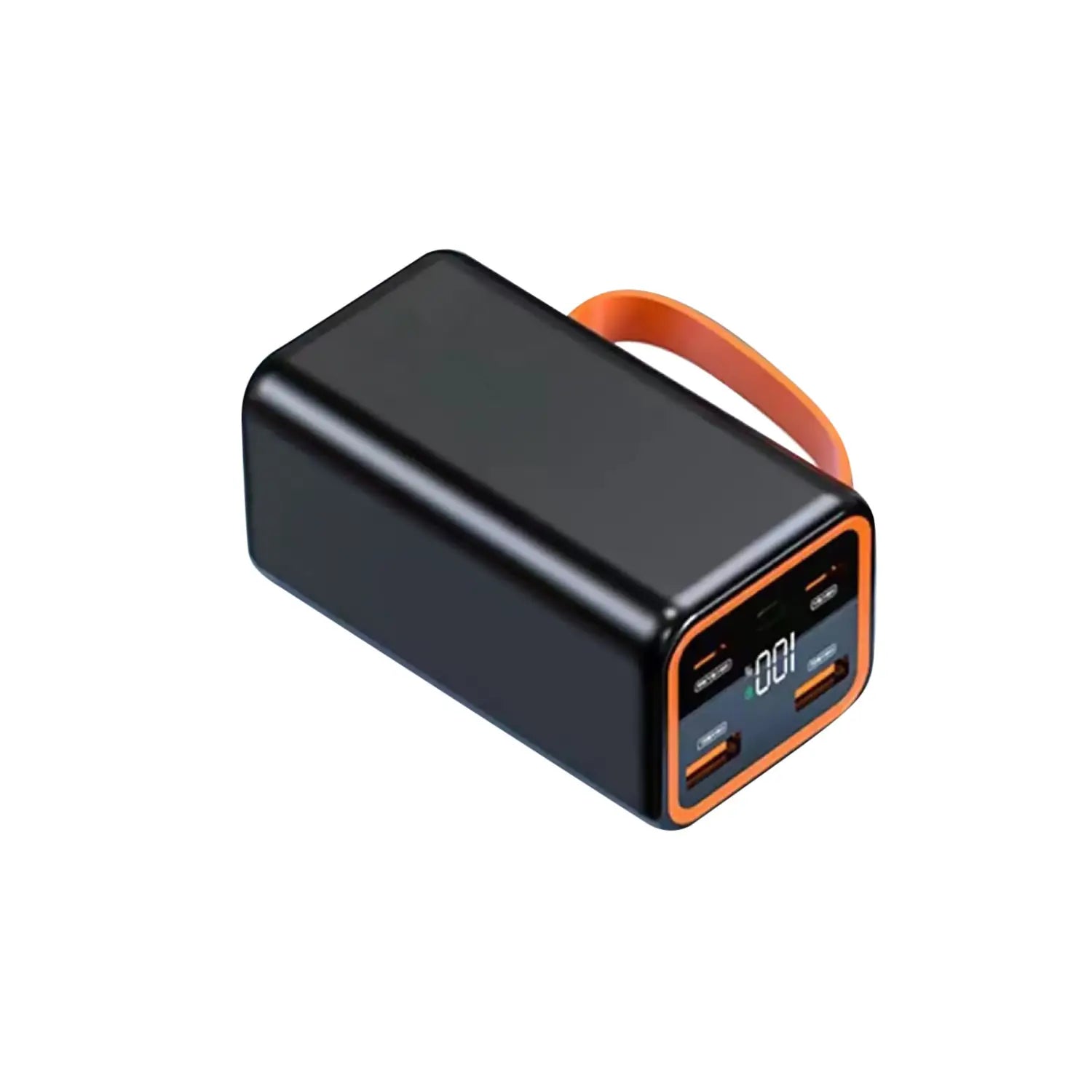 black rectangular power bank case for 4x 21700 batteries with orange accents features multiple usb ports and a built-in lcd display supporting 5v2a output.