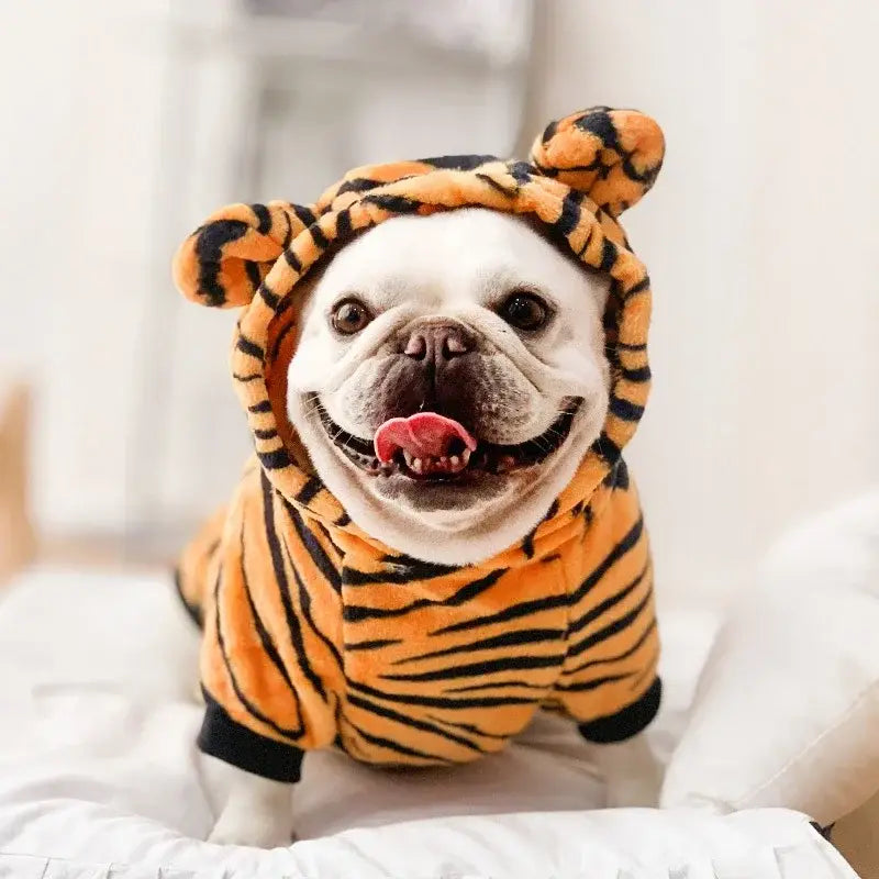 Disfraz de tigre esponjoso a rayas anaranjado y negro para perros de tamaño mediano hecho de prendas de vestir para mascotas de forro polar con motas de coral.