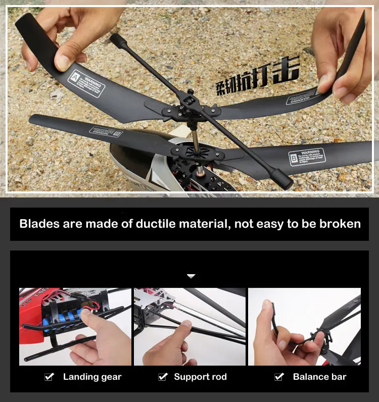 Palas del rotor del helicóptero teledirigido negro con acabado mate y etiquetas de advertencia, diseñadas para la durabilidad; incluye una batería de litio de 80 cm para un tiempo de carga y de vuelo óptimos.