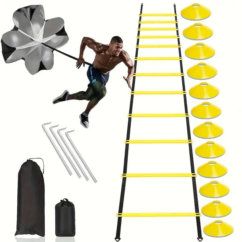 a yellow and black agility ladder made of durable material with ten yellow cones nearby designed for soccer speed training parachute and agility ladder kit