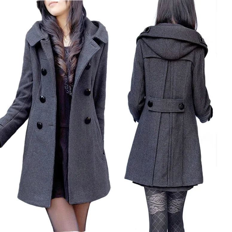Fashion Winter Warm Mid-length Woolen Coat Women's Fall & Winter Long Sleeve Cotton Jacket with Hood  Double-breasted Outerwear