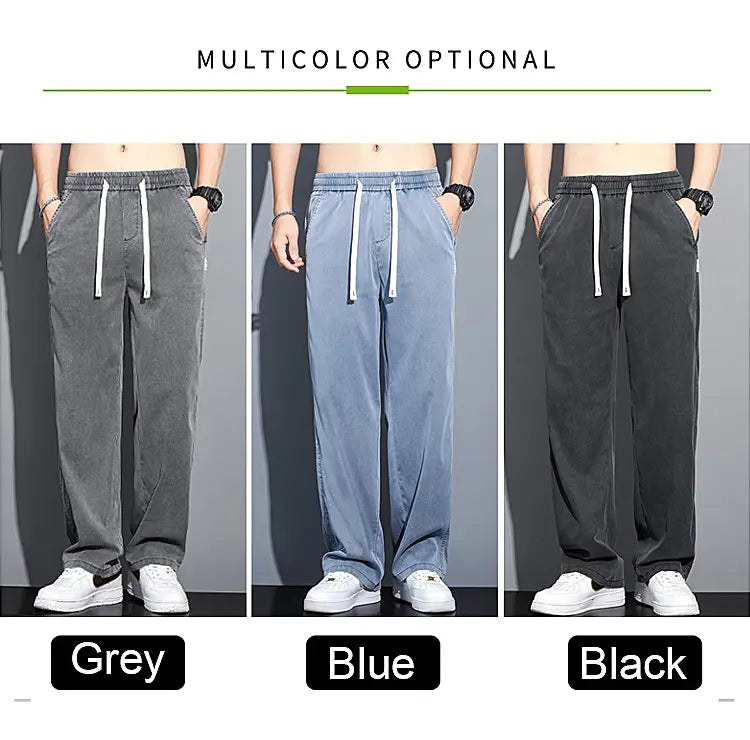 Men’s lyocell casual loose straight drawstring pants in grey blue and black with white corded waistbands.