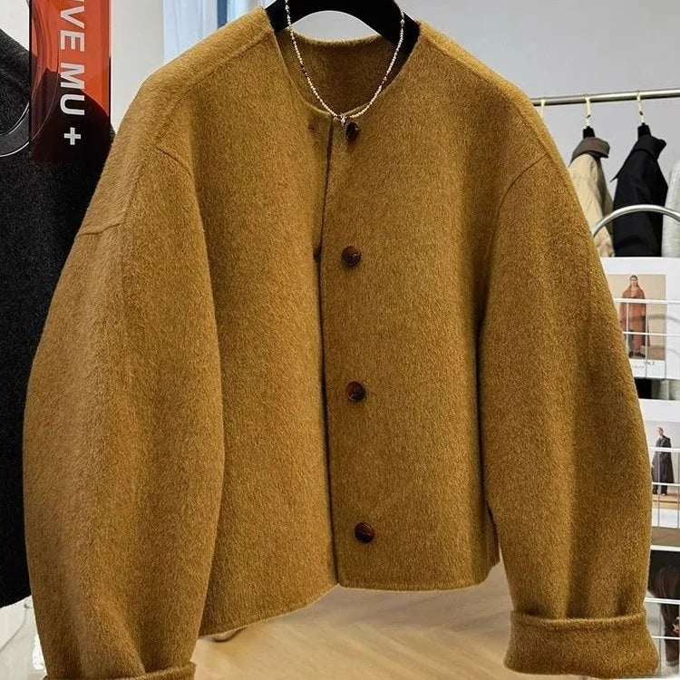 Wool Short Double-sided Woolen Coat Women Autumn and Winter Round Jackets Long Sleeves Short Blends Coats
