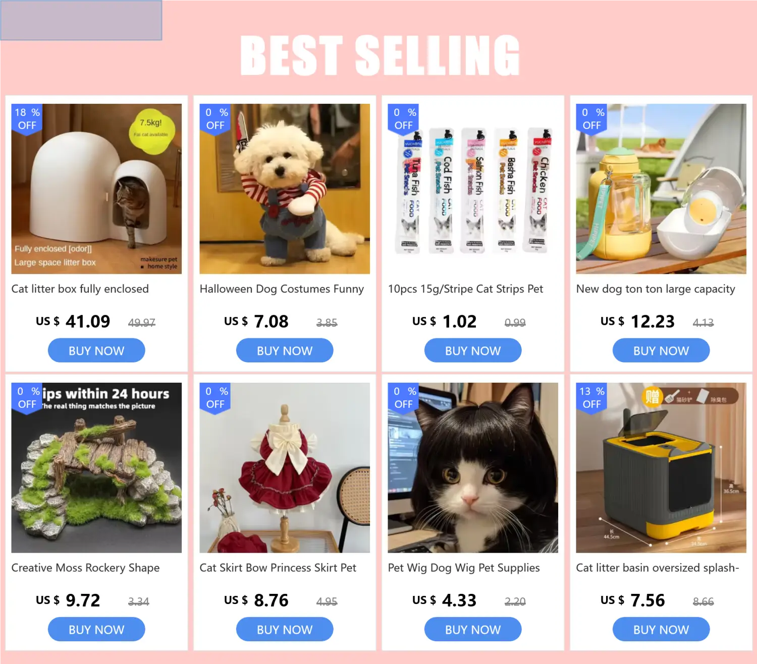 白いドーム形の猫用トイレで、小さな入口によりペットが利用しやすいものが、犬用、面白いカウボーイ風コスチューム（ドッグ服）と並べて示され、胸囲のフィット感と衣装の面白いコスプレ性を強調している内容。