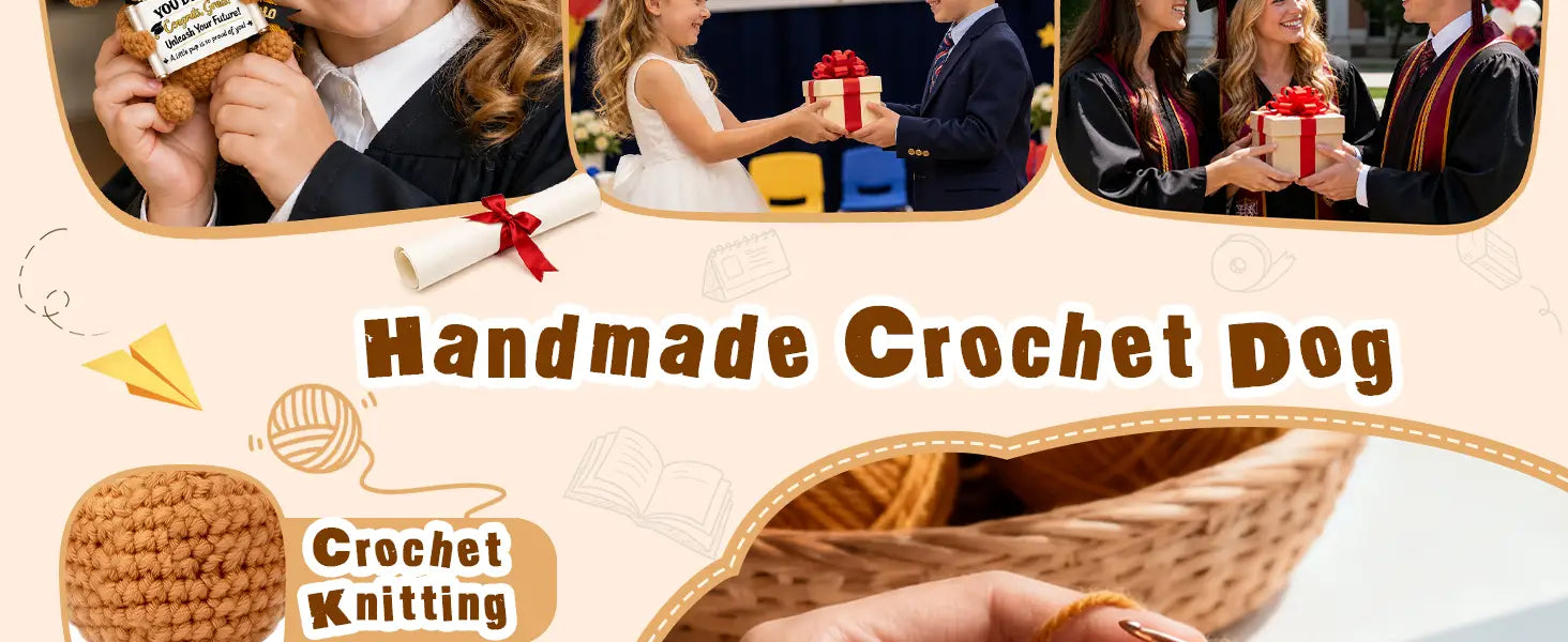 Recuerdo de bolsillo de abrazo de graduación del cachorro tejido a crochet, hecho a mano y color canela, confeccionado con hilo con textura e incluye una pequeña etiqueta.
