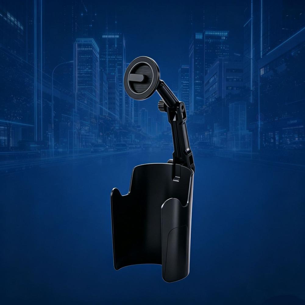 Support de téléphone pour porte-gobelet réglable noir avec base circulaire et bras articulé, doté d’un aimant puissant.