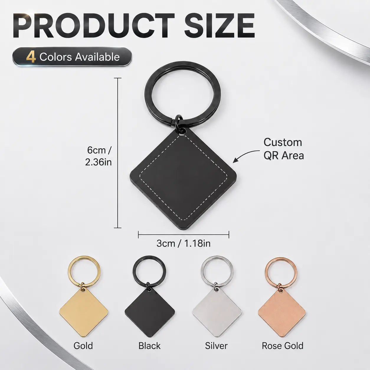 Black diamond shaped custom QR code metal keychain with stitched leather edges and a metallic ring personalized engraved gift.