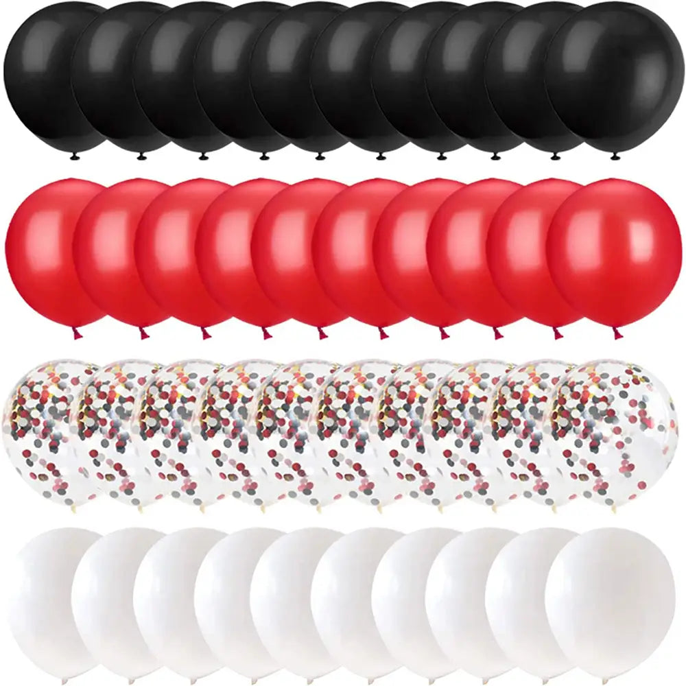 Ein Set Party-Luftballons in Schwarz, Rot, Transparent mit Konfetti und Weiß für die Partydekoration „Rot Schwarz Weiß Ballon-Set“.