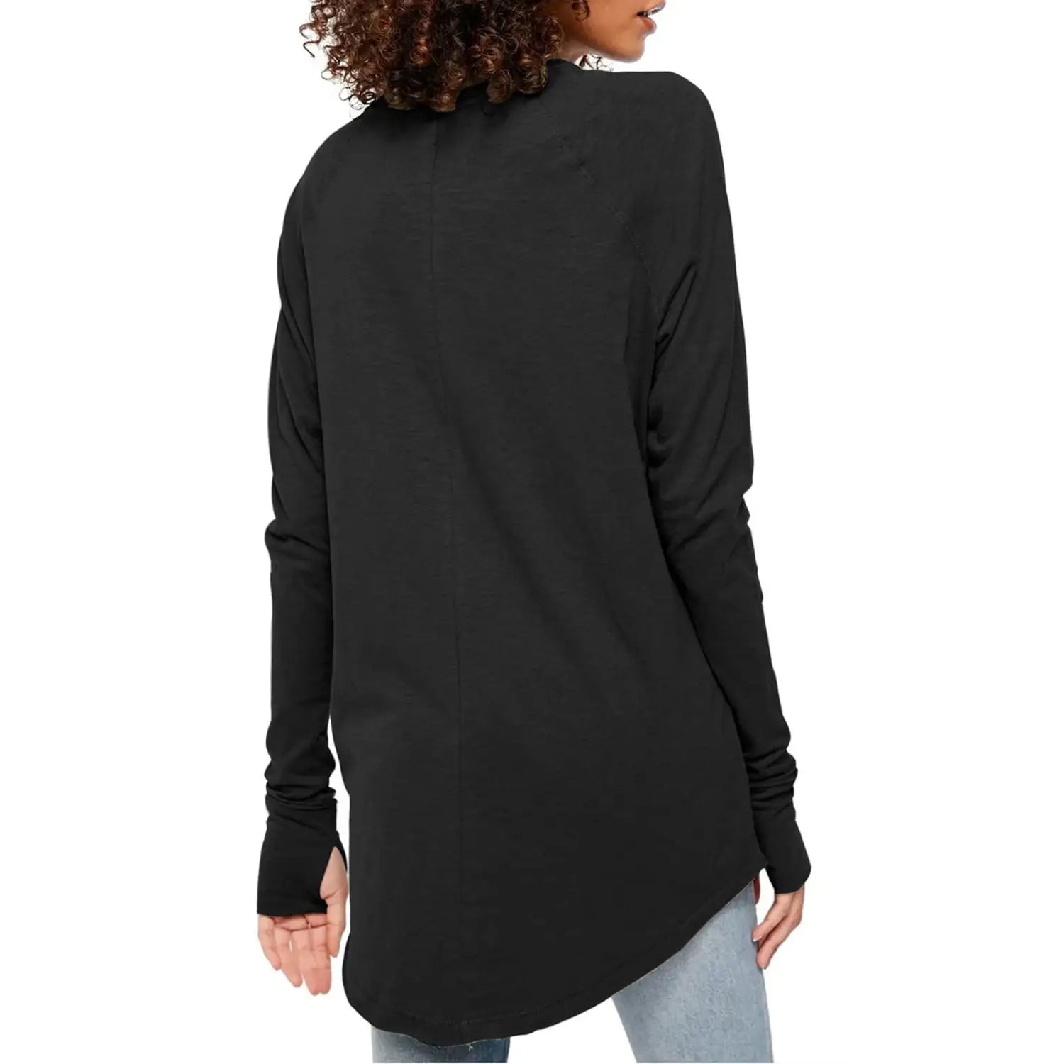 Black long sleeve cotton tunic top for women featuring a high neckline and asymmetrical hemline with long sleeve length.