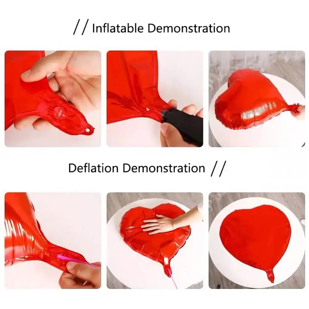 Red heart-shaped foil balloon in a red anniversary decoration set with heart balloons and rose petals.