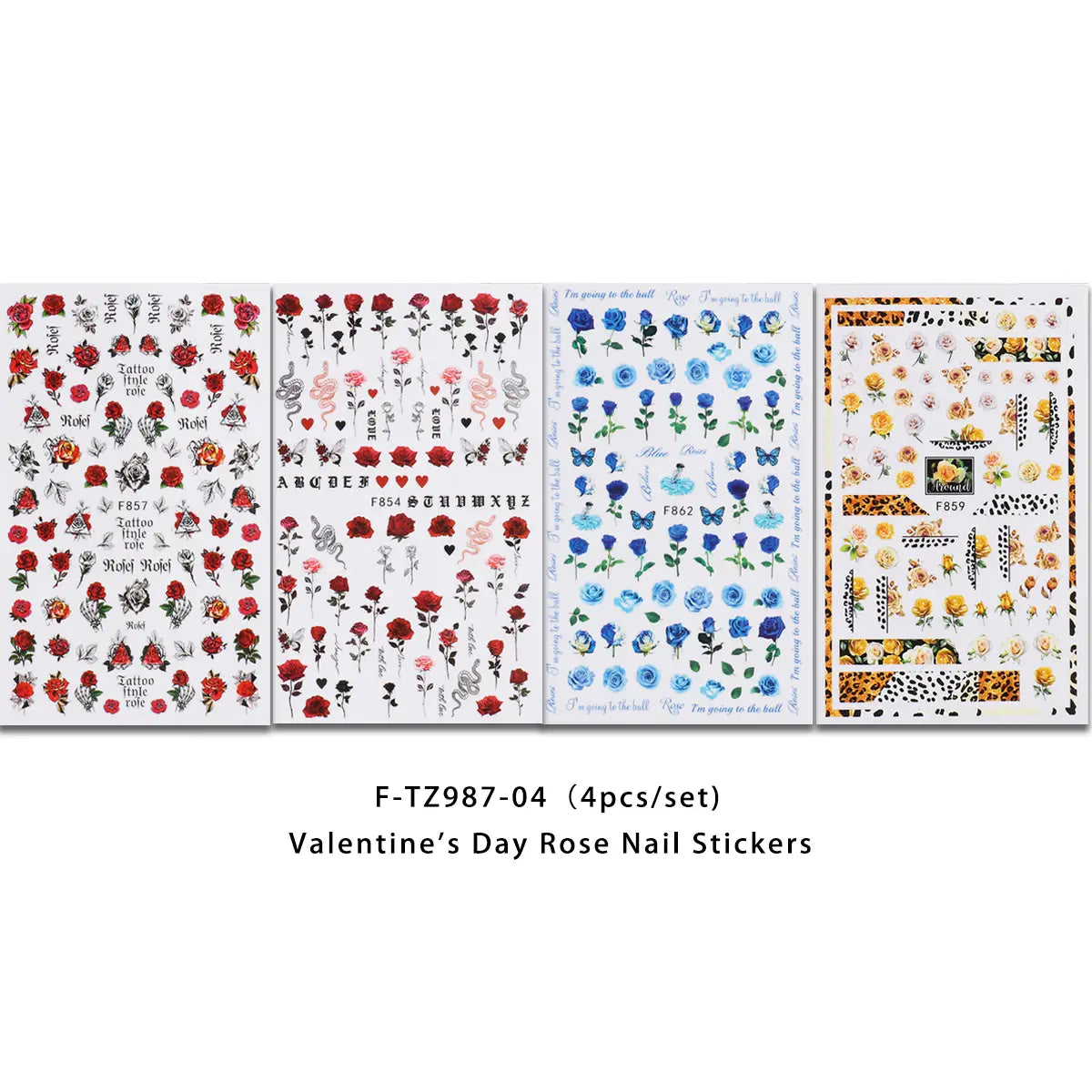 Juego de cuatro pegatinas para uñas de San Valentín con diseños florales de rosas roja, azul y amarilla, con detalles en tinta negra sobre papel blanco para calcomanías de arte DIY.