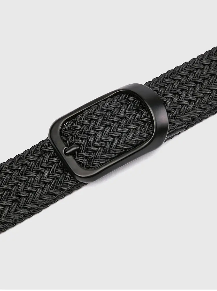 メンズのゴルフおよび日常使いに適した、マットブラックの長方形バックルを備えたブラックのウーブンストレッチベルト（カジュアルキャンバス）