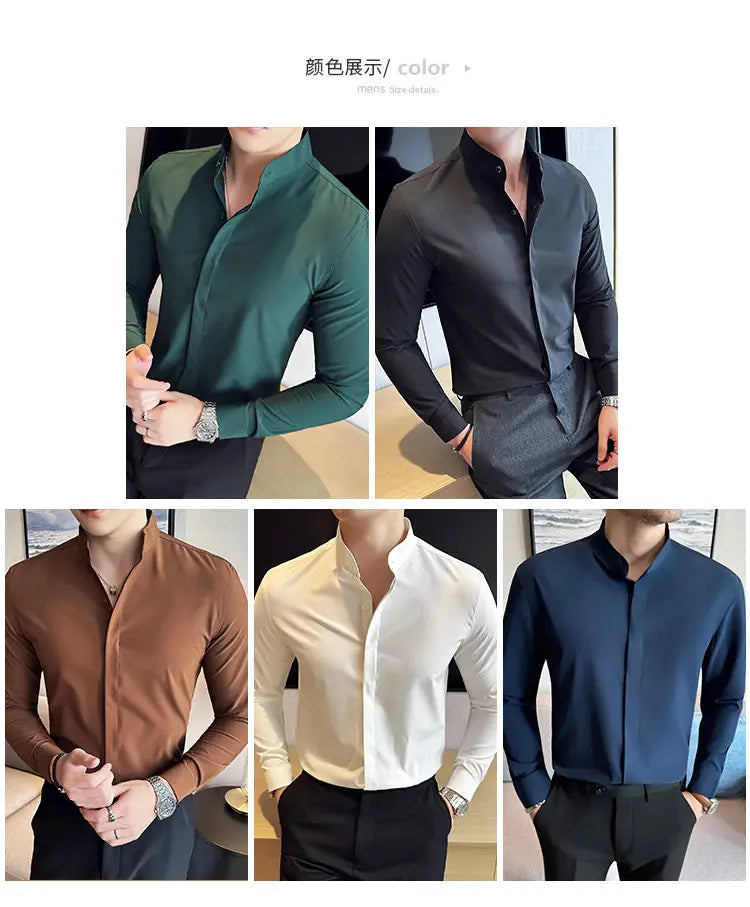 A sleek slim fit men dress shirt with a stand collar available in solid emerald green black brown white and navy blue colors designed for a formal look and correct size fit.