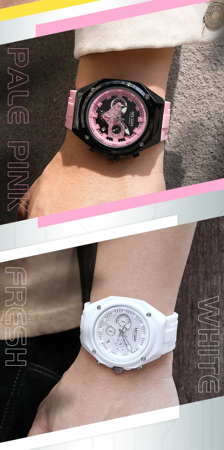 A megir sport chronograph watch featuring a sleek black and pale pink sporty angular case with a matching silicone strap.