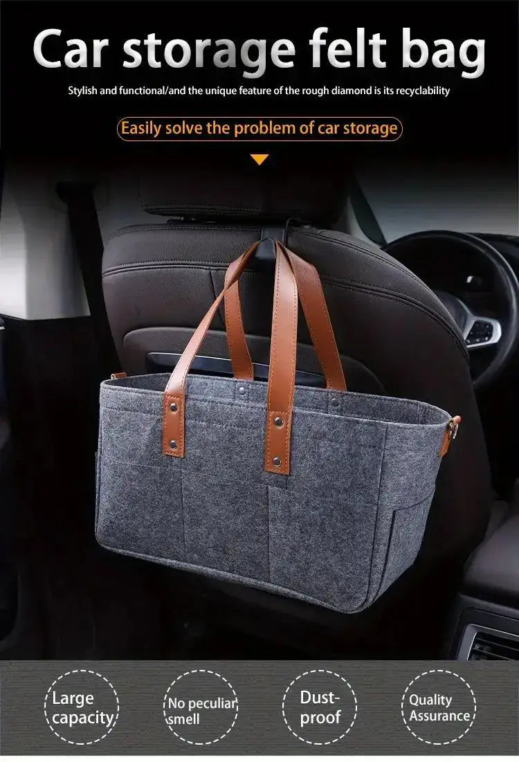 Organiseur de siège de voiture en feutre gris, sac de rangement, avec poignées en cuir marron et rivets métalliques renforcés pour un rangement de voiture durable.