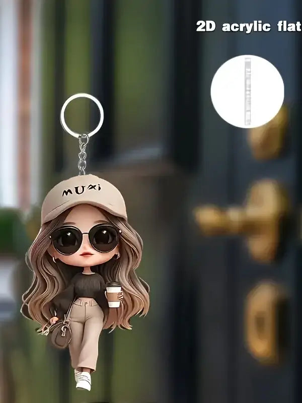 A beige 2d acrylic flat keychain featuring a stylized cartoon girl with long wavy hair wearing sunglasses and a cap that reads muxi holding a coffee cup in a cute acrylic girl keychain cartoon pendant.