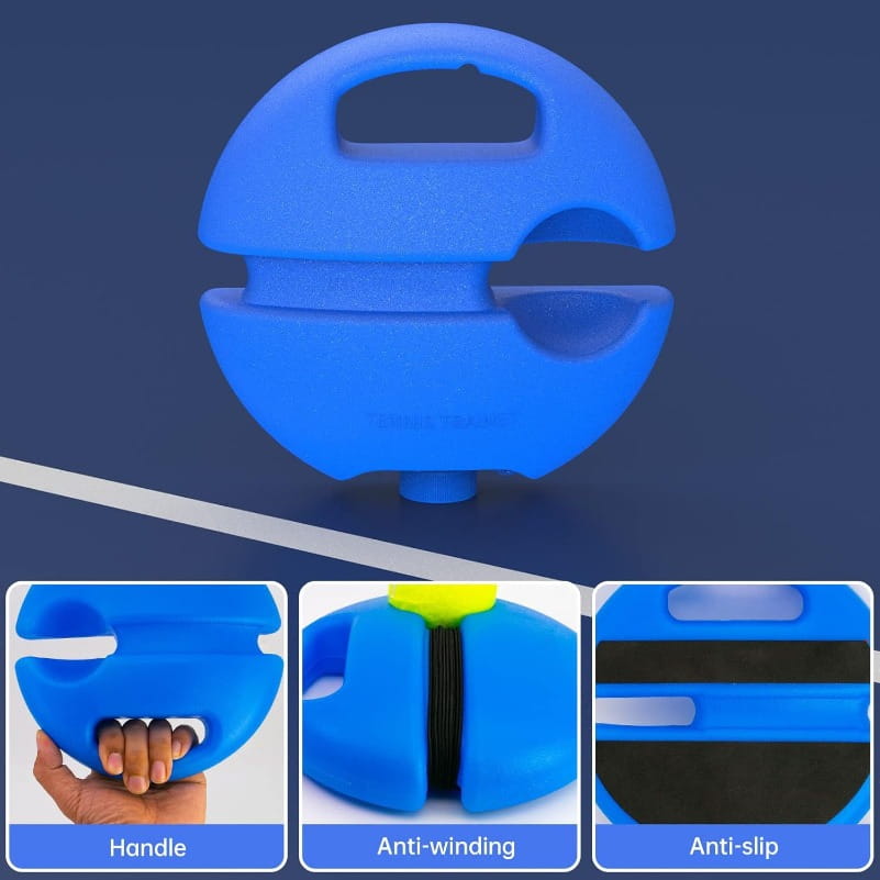 Blue plastic ball-shaped handle with central grip and anti-slip rubber base for Solo Tennis Trainer Rebound Ball Set.