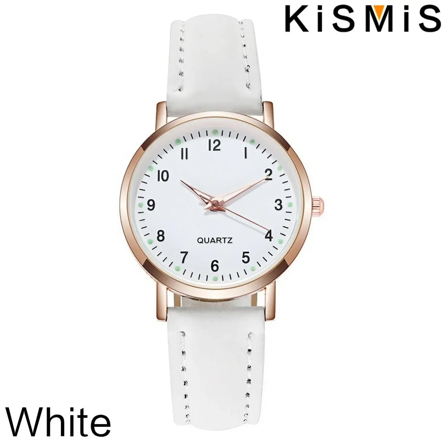 Women quartz watch with white pu leather strap and rose gold tone case and dial markings featuring a minimalist design.
