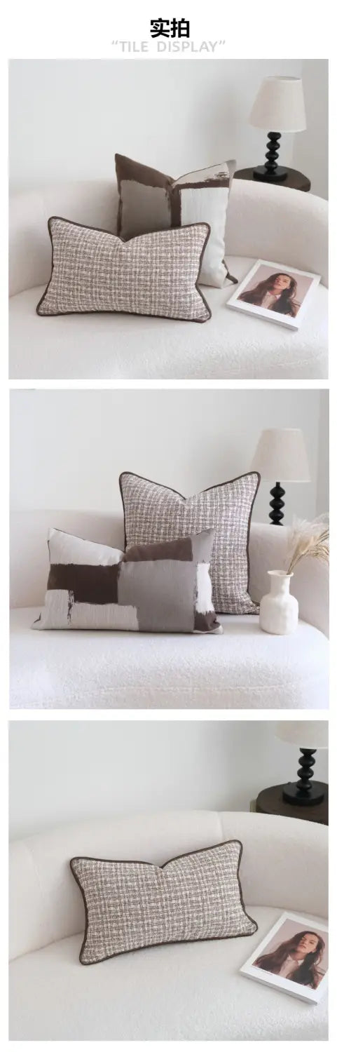 Beige und braune strukturierte Wurfkissen mit schwarzer Paspel, mit einem geometrischen Jacquard-Kissenbezug in braunem Maillard für retro-stylte Dekoration.