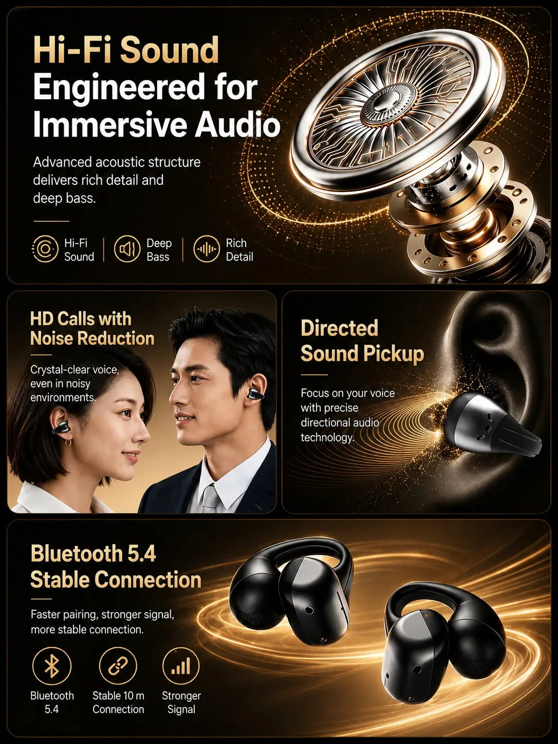 écouteurs Bluetooth à clip sur l’oreille ouverte noirs, avec un design ergonomique épuré, composants du haut-parleur aux accents dorés et contrôle tactile, avec étui de charge