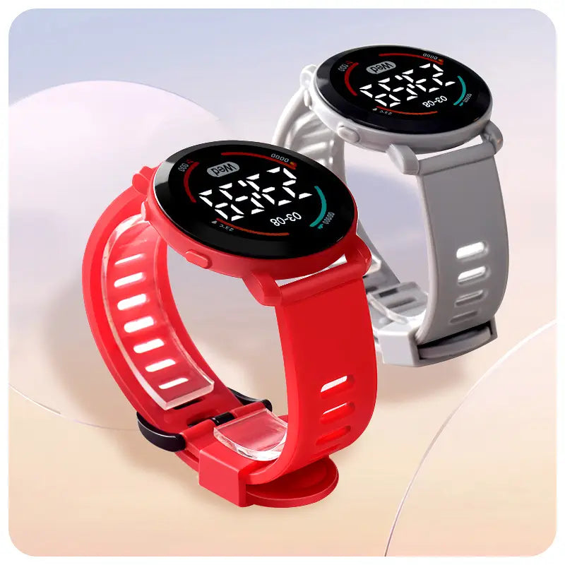 girls digital sports watch waterproof led wristwatch with red and gray digital faces black circular screens white perforated straps and clear buckle mechanisms