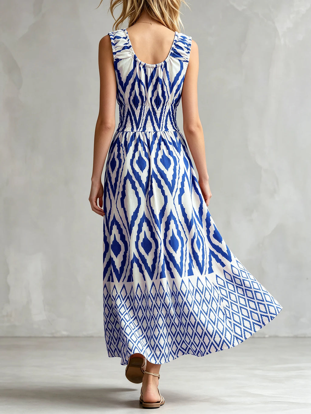 Women's Vintage Ethnic Ikat Pattern Sleeveless Square Neck Smocked Bust Tiered Casual Midi Dress