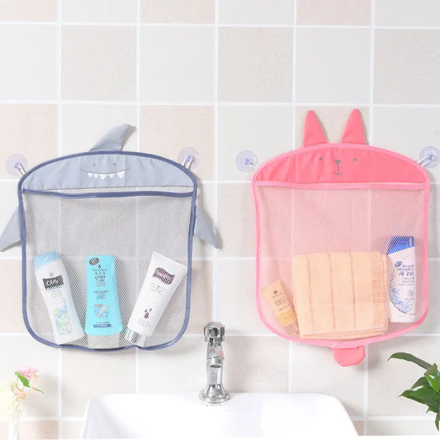 Sac de rangement pour jouets de bain en filet de forme lapin rose, avec ventouses et un adorable design de visage, pour un organisateur d’animaux de dessin animé.