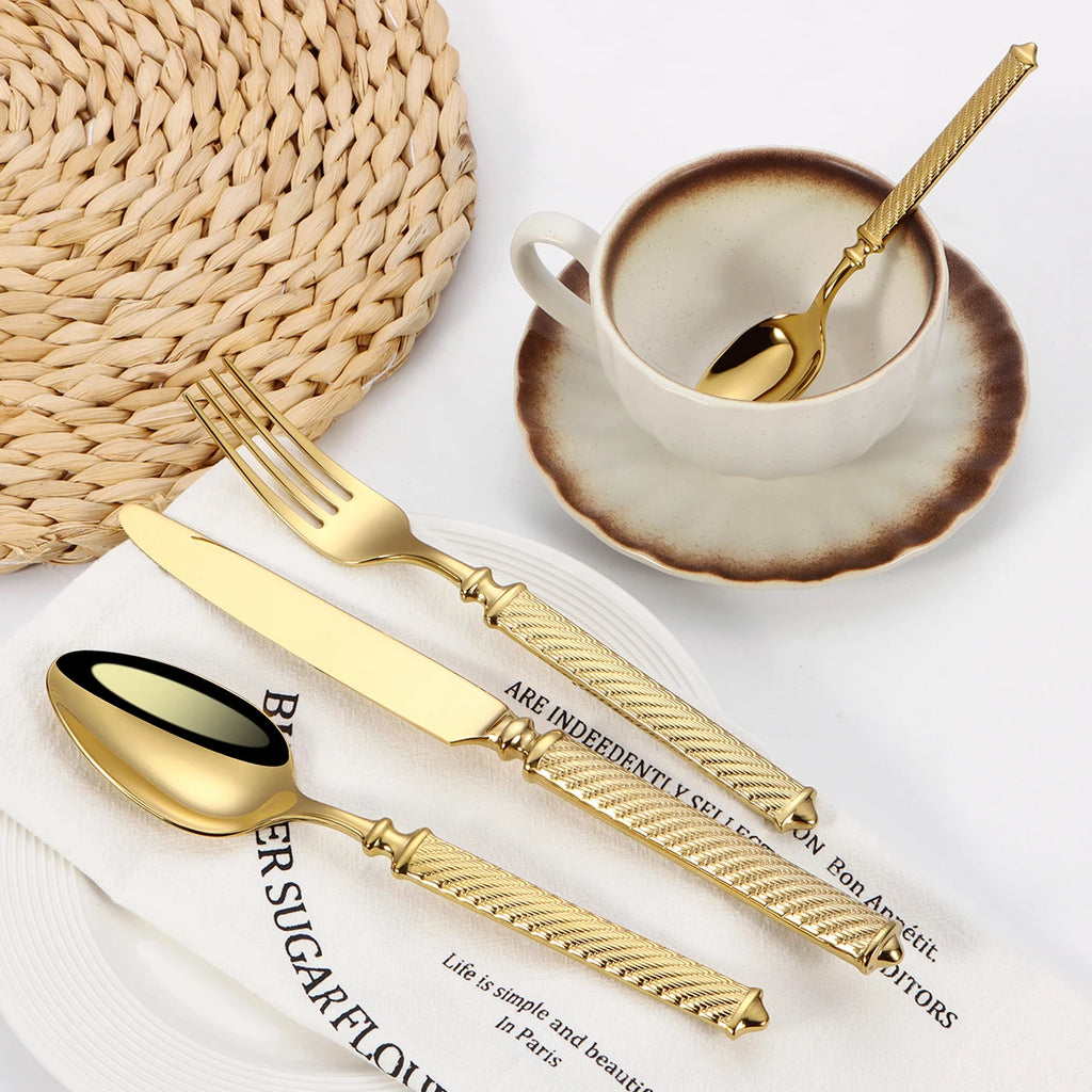 4/6/12/16/20Pcs Sliver Tableware Stainless Steel Cutlery Mirror Double Sided Pattern Handle Fork Mirror Western Gold Dinner Set
