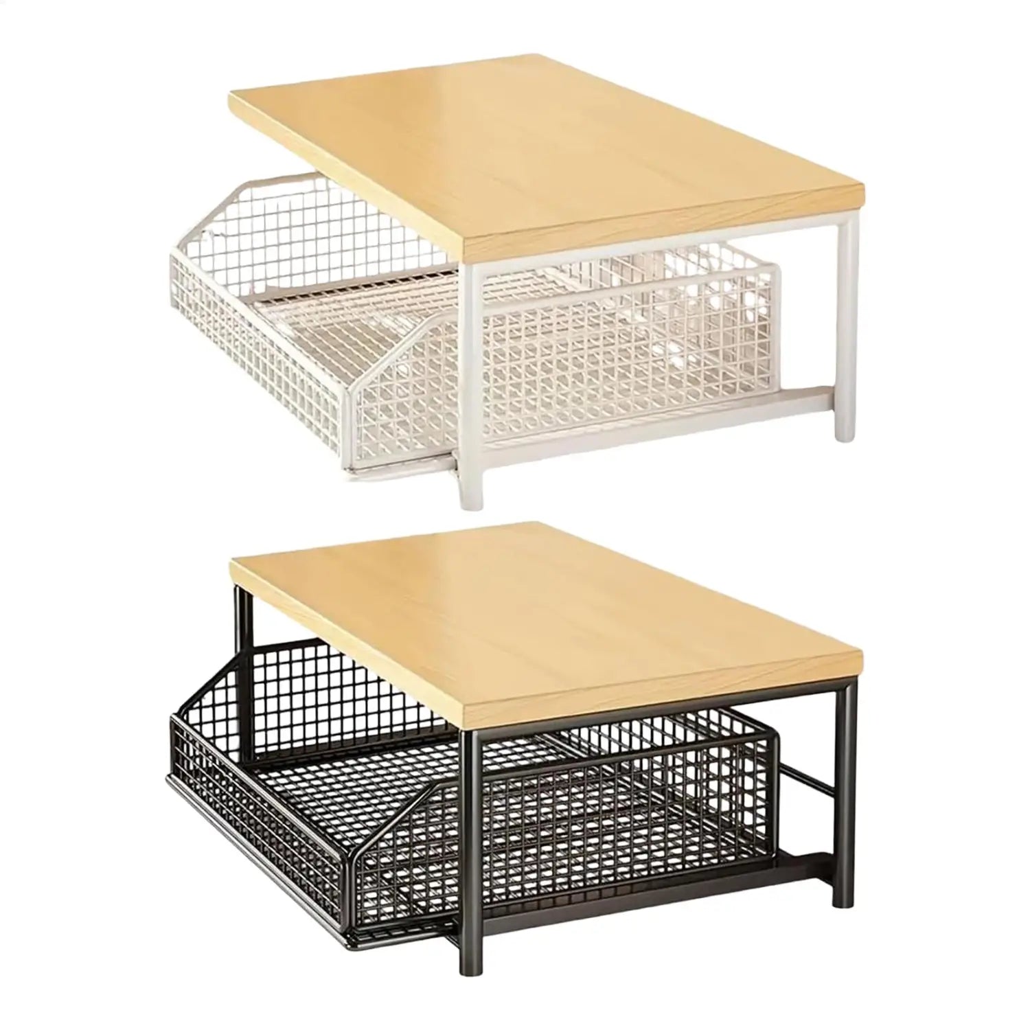 Deux étagères de rangement de cuisine à deux niveaux, avec des plateaux en bois clair et des tiroirs en treillis métallique, en blanc et en noir, pour un rangement de cuisine polyvalent.
